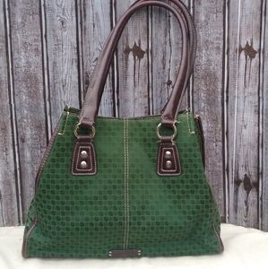 Nine & Co Green Fabric Shoulder Bag Leatherette Trim Multiple Compartments Vtg